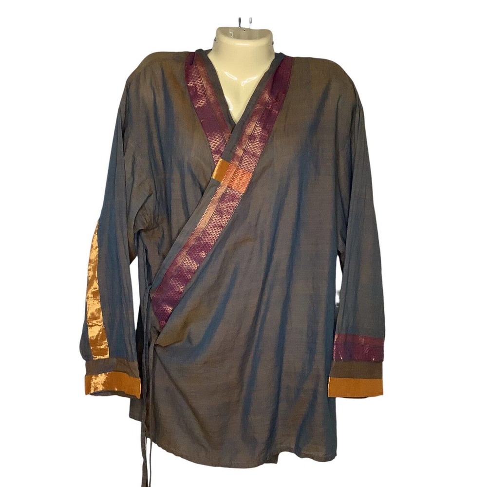 CP Shades Top Small Tan Multi Iridescent Trim Wrap Tunic Duster Lagenlook Boho